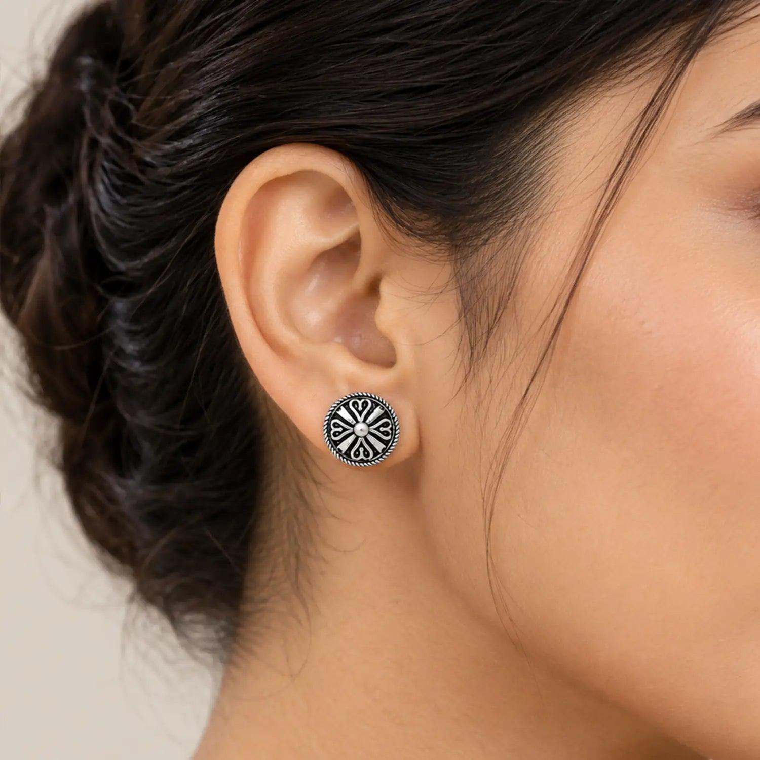 Vintage Black Enamel Floral Silver Stud Earrings - Made With Pure 925 Silver