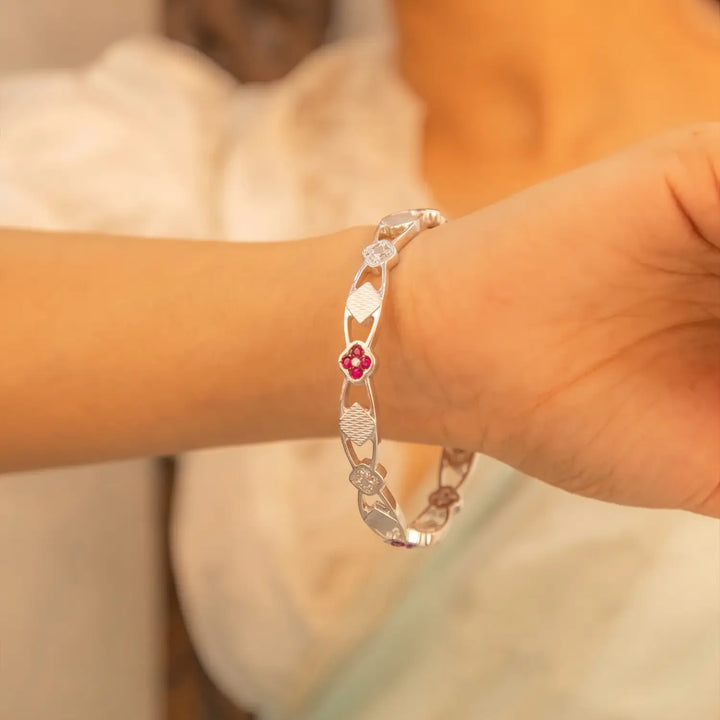 Elegant Ruby Floral Silver Bangle - Made With Pure 925 Silver