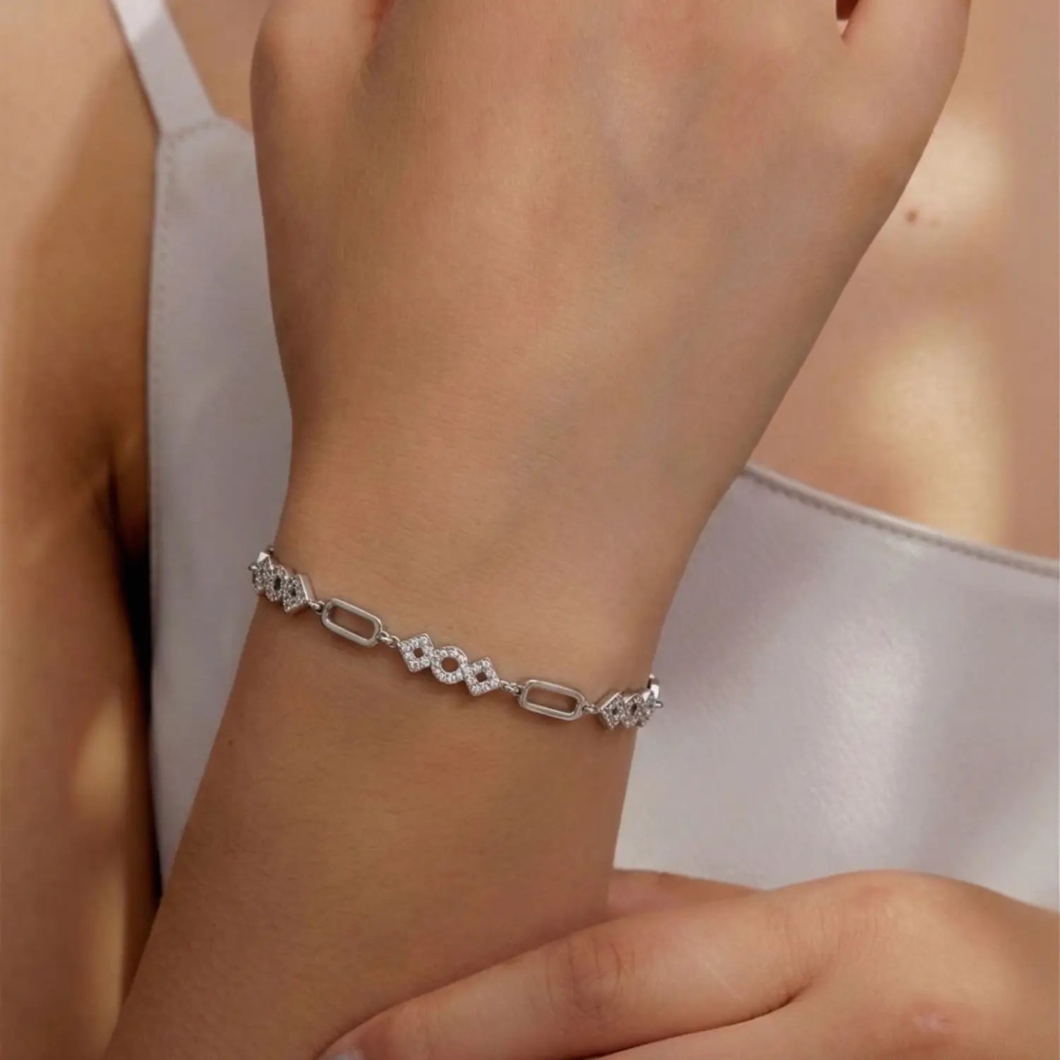 Elegant Geometric Link CZ Pure Silver Bracelet - Made With Pure 925 Silver