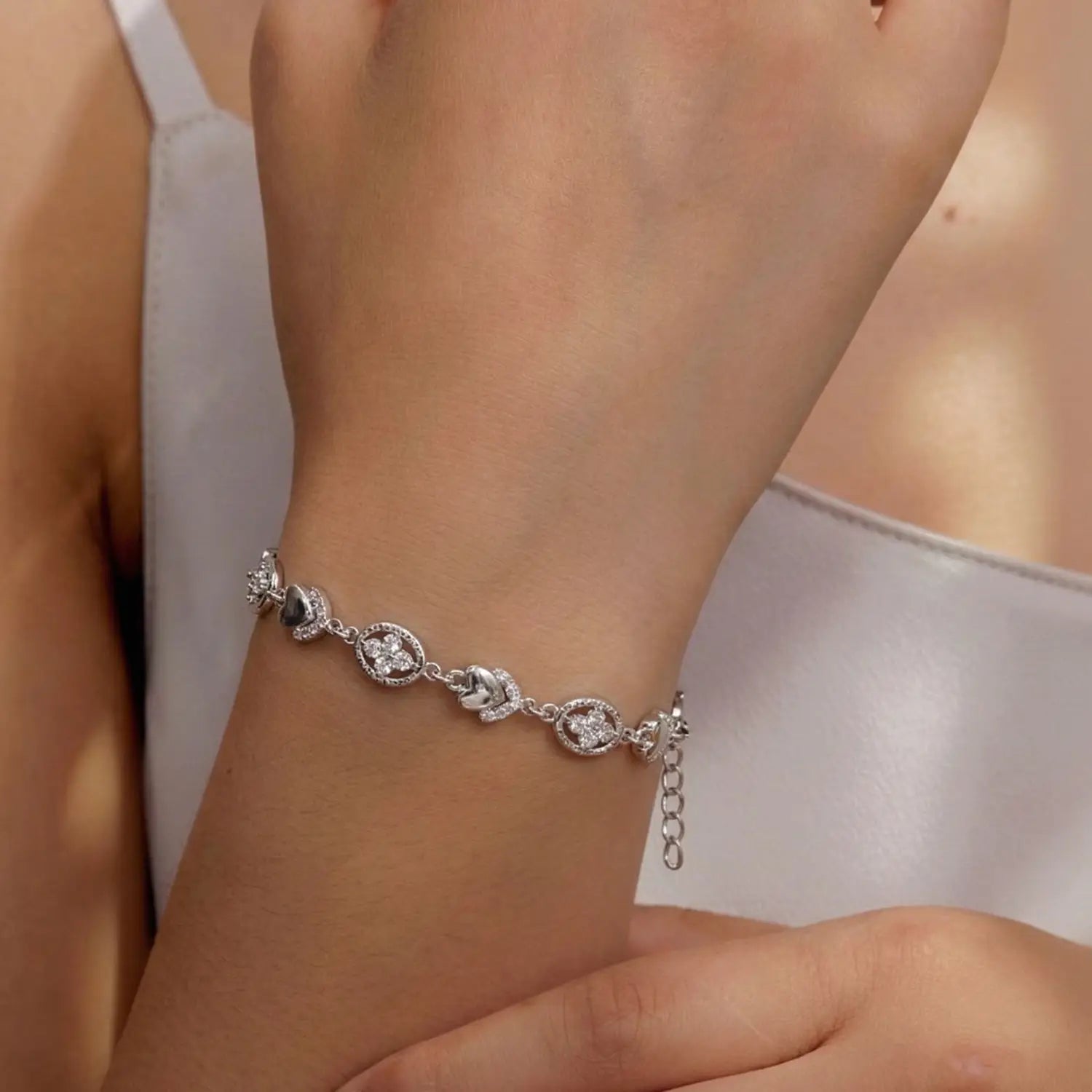 Elegant Clover Heart CZ Pure Silver Bracelet - Made With Pure 925 Silver