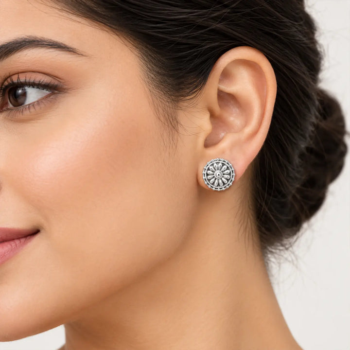 Floral Beaded Border Silver Stud Earrings - Made With Pure 925 Silver
