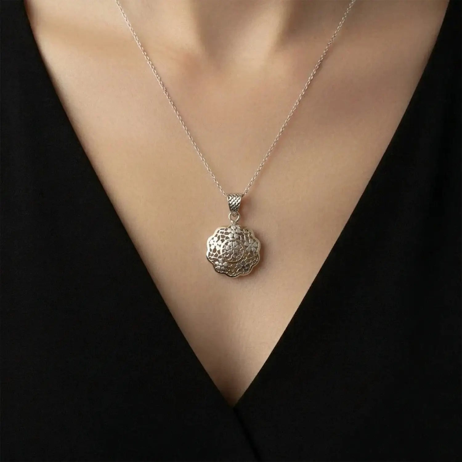 Elegant Floral Mandala Pure Silver Pendant & Earrings Set - Made With Pure 925 Silver