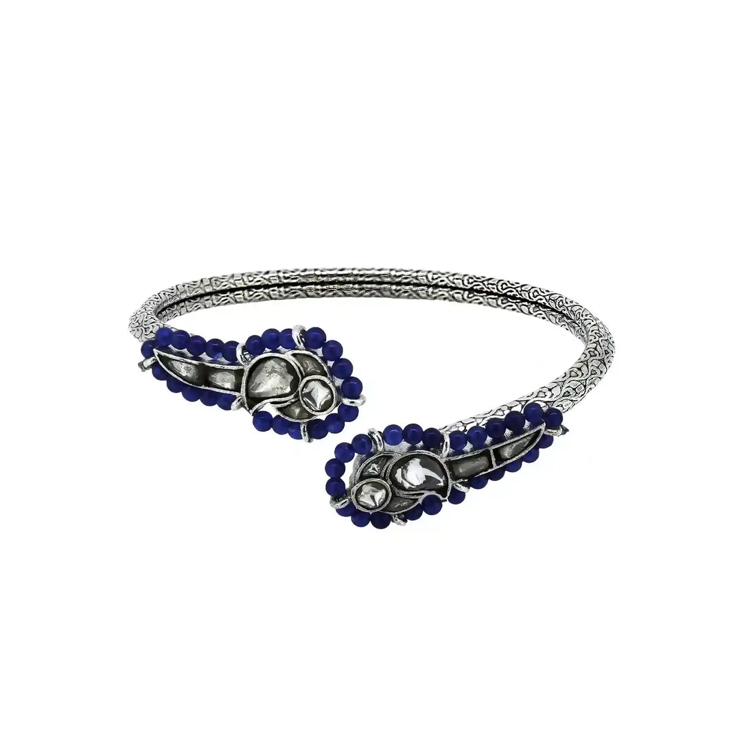 Antique Finish Silver Open Bracelet with Blue Bead Detailing - Made With Pure 925 Silver
