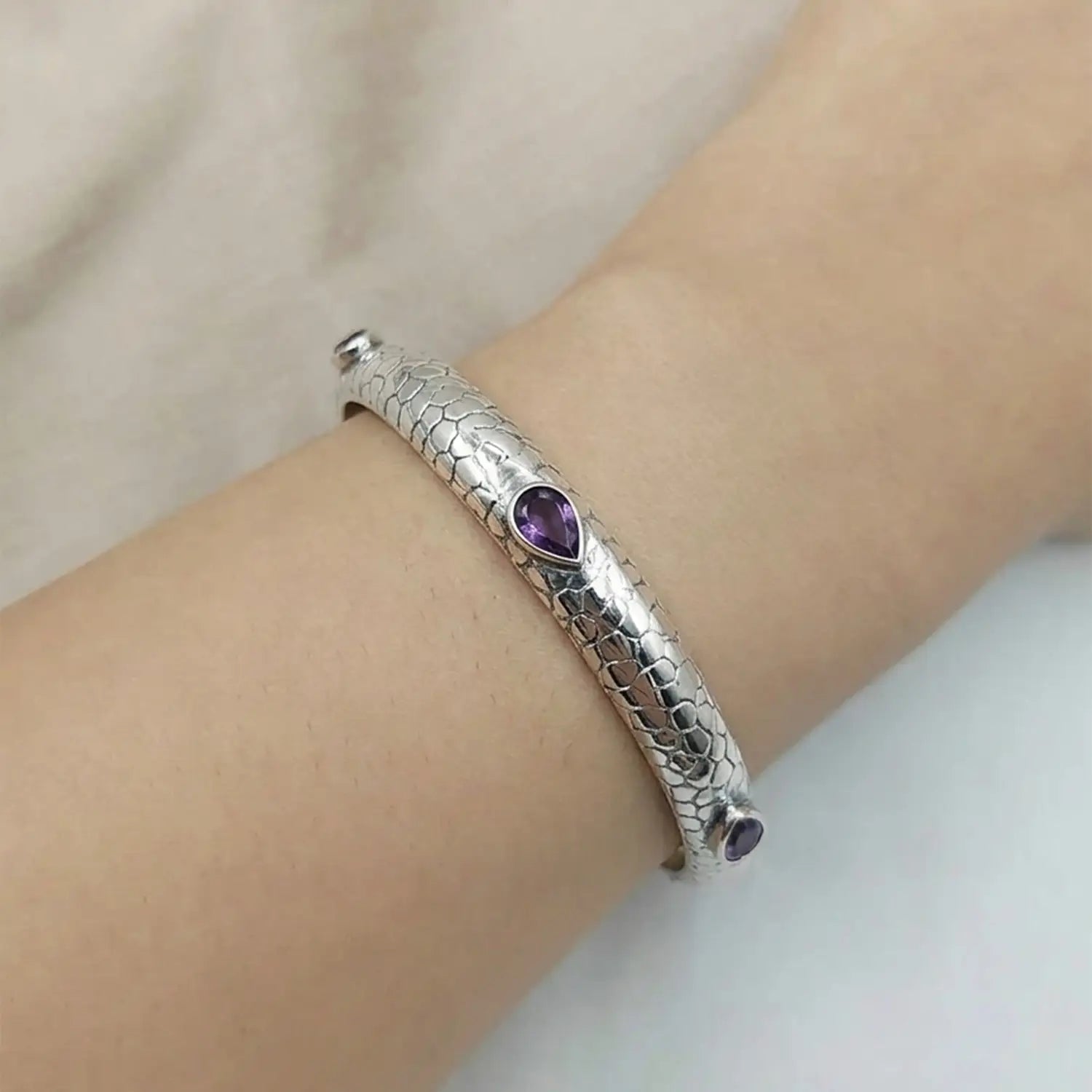 Textured Pure Silver Kada with  Purple Stones- Made With Pure 925 Silver