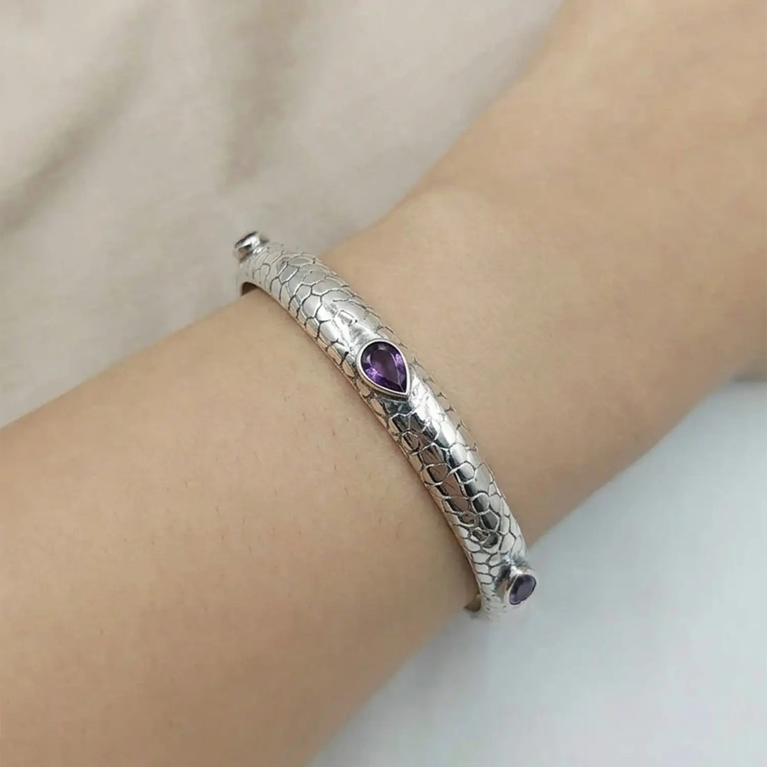 Textured Pure Silver Kada with  Purple Stones- Made With Pure 925 Silver