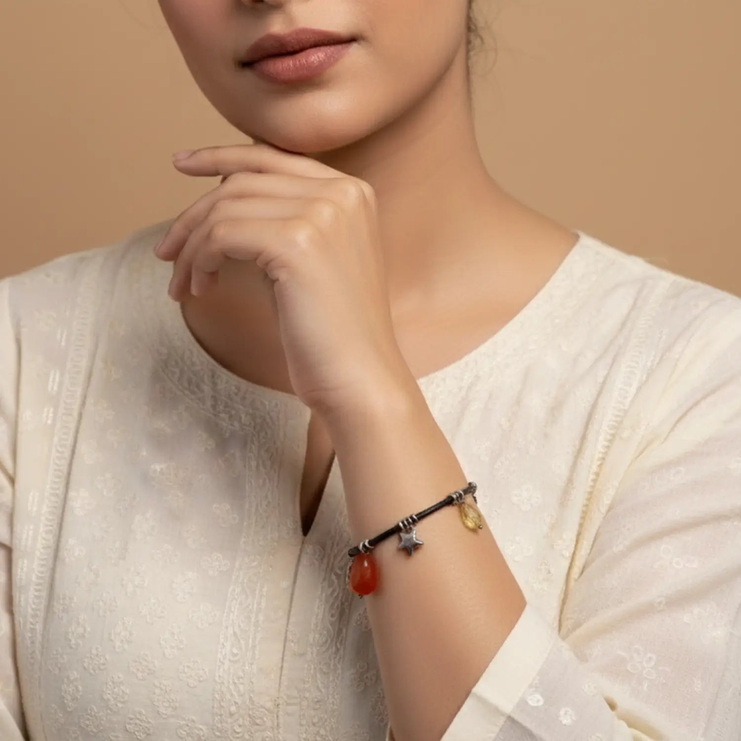 Carnelian & Citrine Charm Black Cord Pure Silver Bracelet - Made With Pure 925 Silver