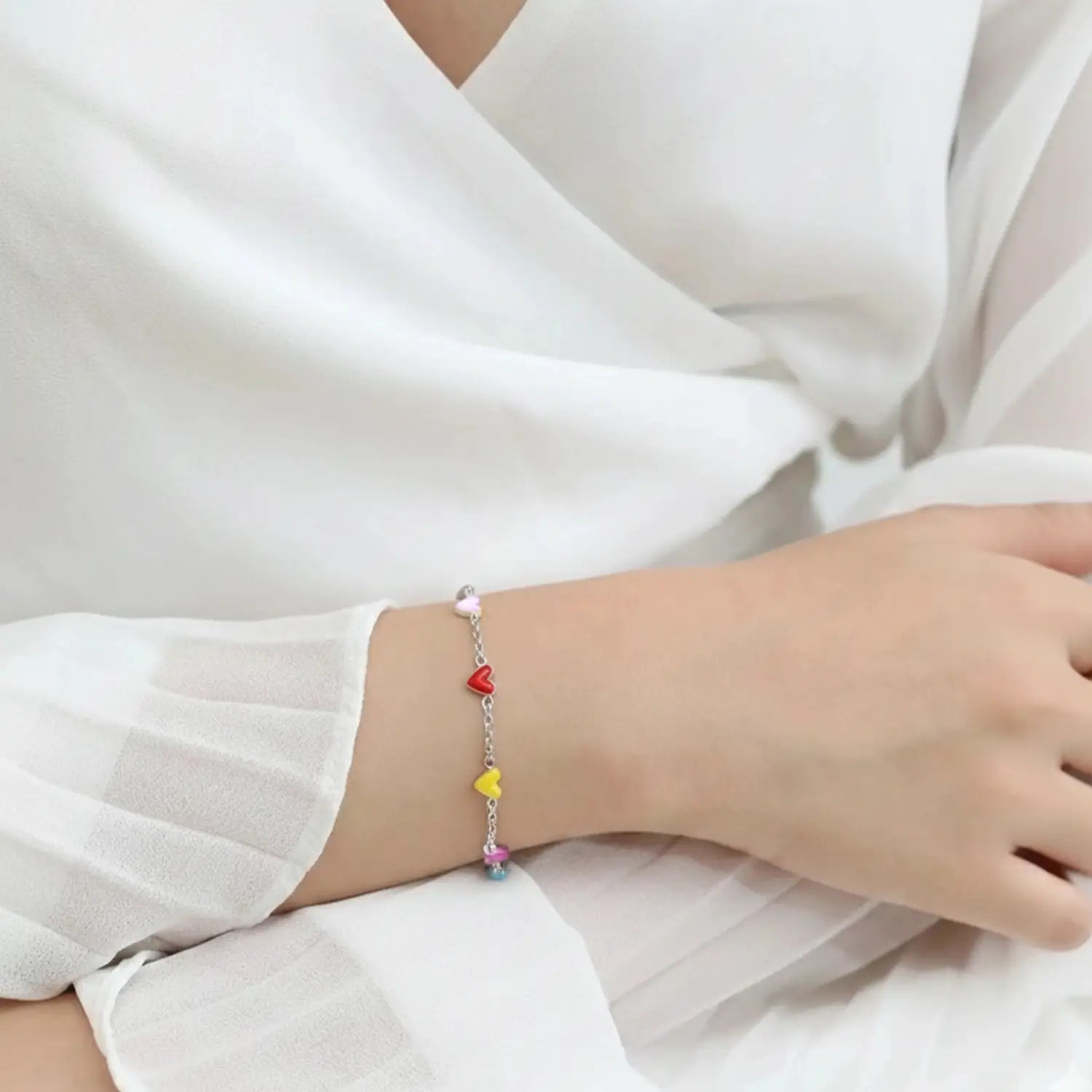 Multicolor Heart Charm Pure Silver Bracelet- Made With Pure 925 Silver