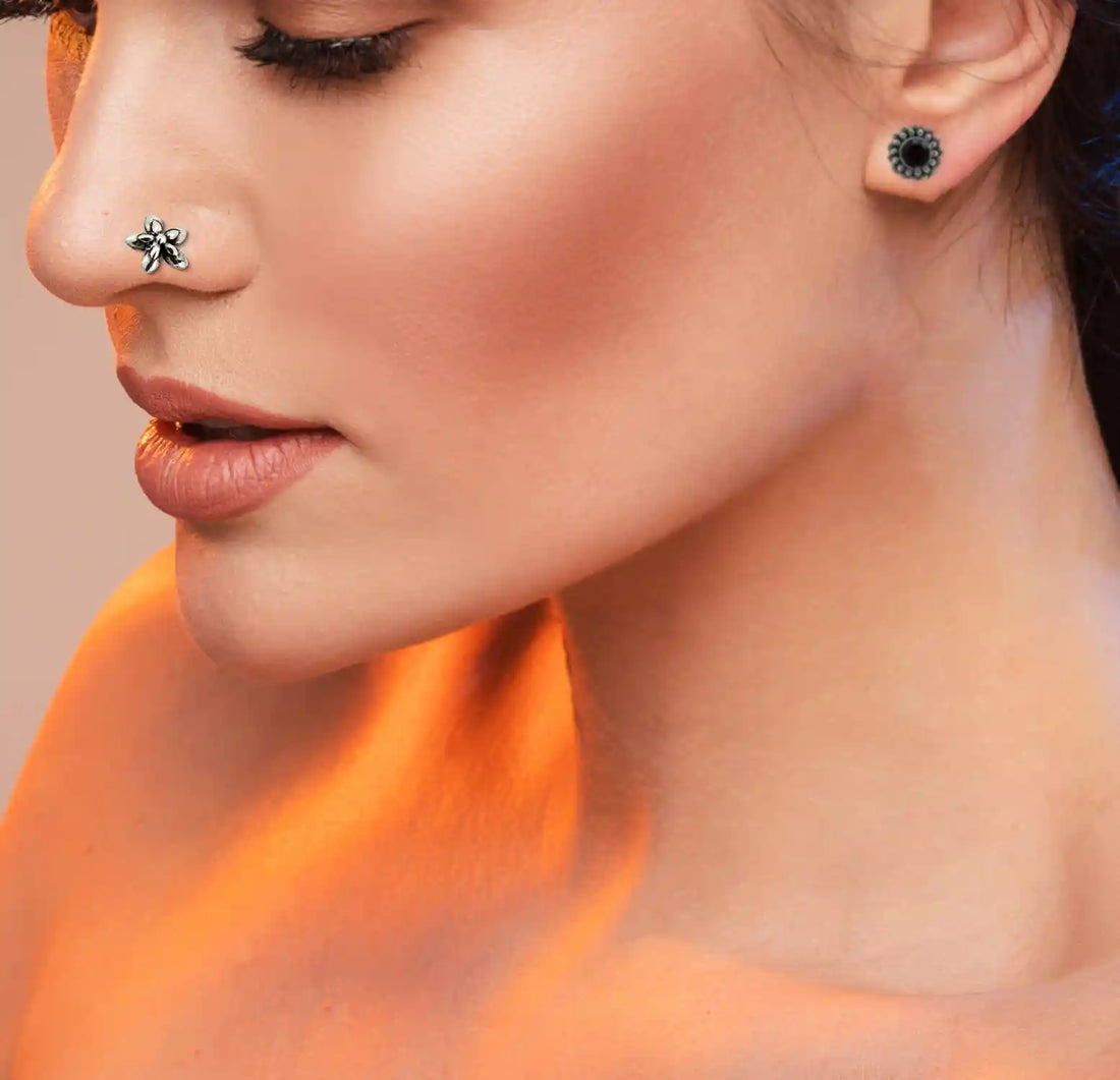 Floral Bloom Oxidised Silver Nose Pin- Made With Pure 925 Silver