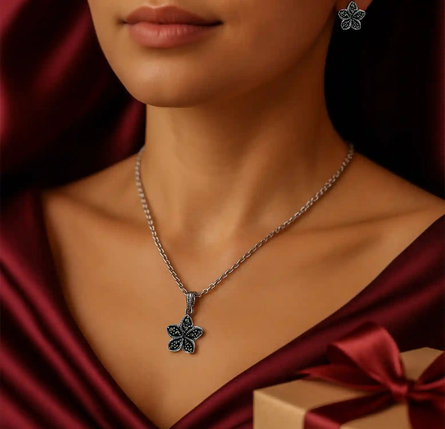 Vintage Oxidised Silver Ruby-Toned Pendant & Earring Set - Made With Pure 925 Silver