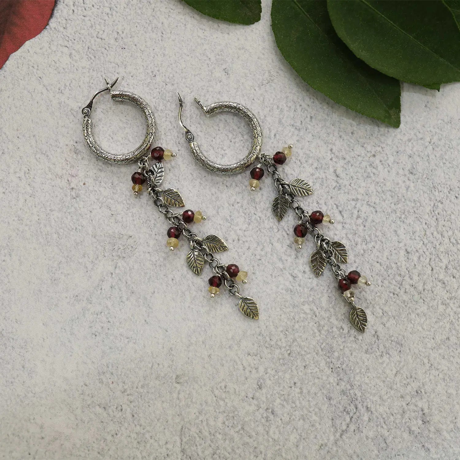 Silver Hoop Earrings with Leaf Charms & Beaded Drops- Made With Pure 925 Silver