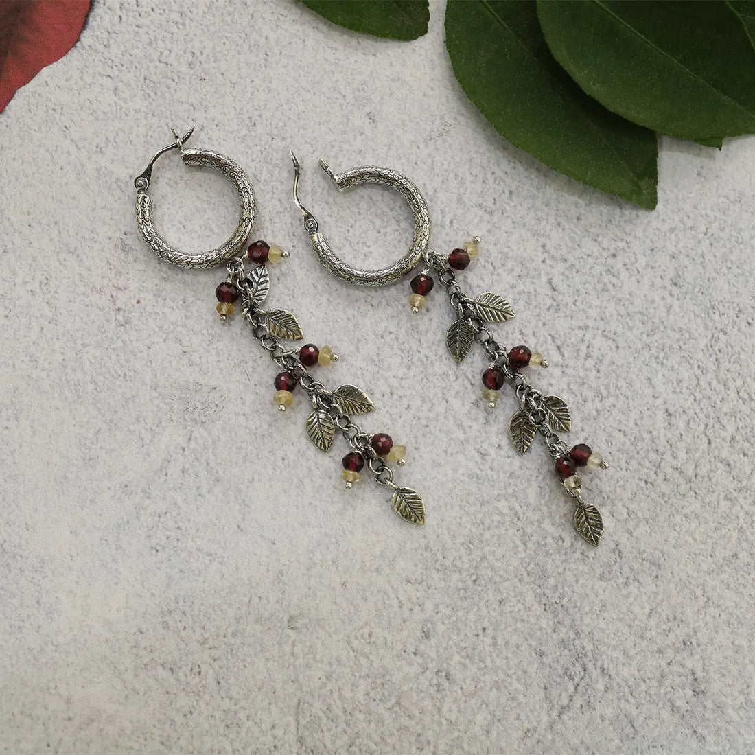 Silver Hoop Earrings with Leaf Charms & Beaded Drops- Made With Pure 925 Silver