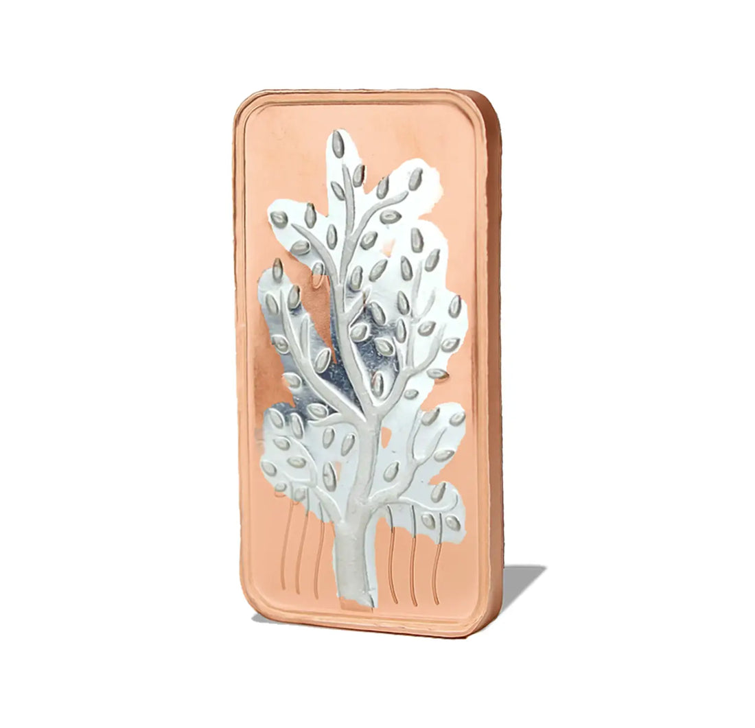 Tree of Life Pure Silver Bar with Gold-Plated Finish - Made With Pure 999 Silver