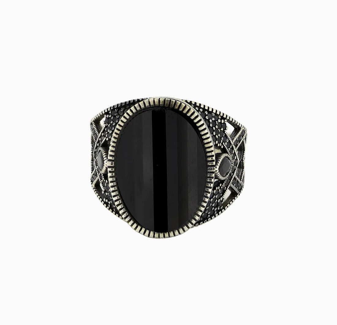 Pure Silver Black Onyx Tribal Ring - Made With Pure 925 Silver