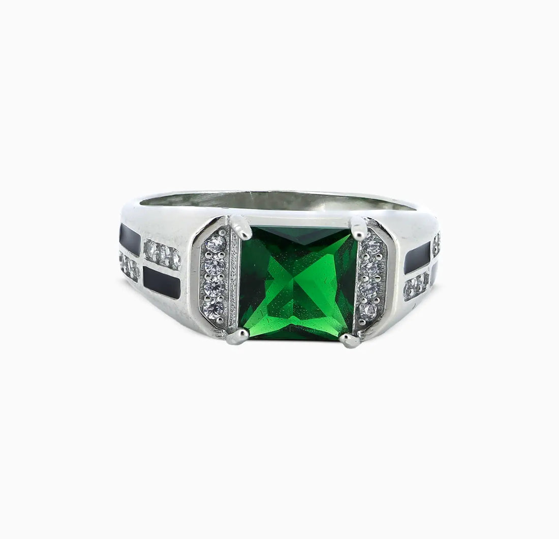 Pure Silver Green Emerald Cut Ring - Made With Pure 925 Silver