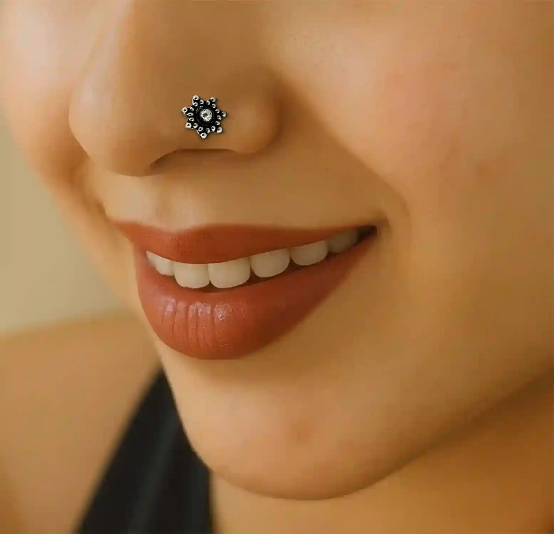 Vintage Floral Oxidised Silver Nose Pin- Made With Pure 925 Silver