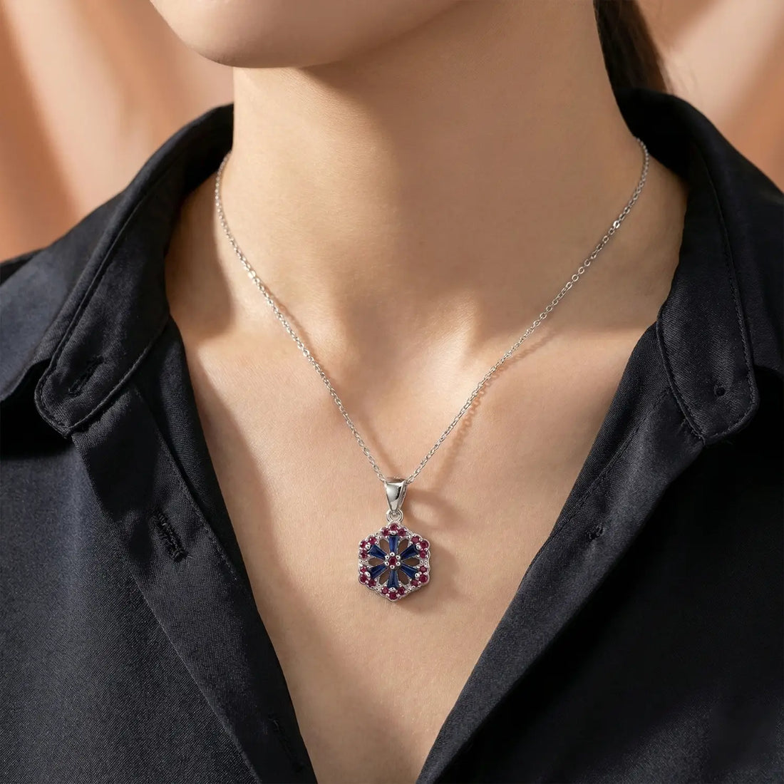Floral Hexagon Silver Pendant with Green & Pink Stones Made With Pure 925 Silver