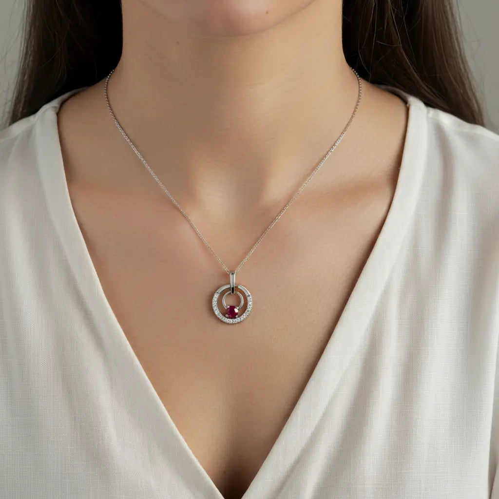 Rose Gold Ruby Circle Silver Pendant - Made With 925 Pure Silver