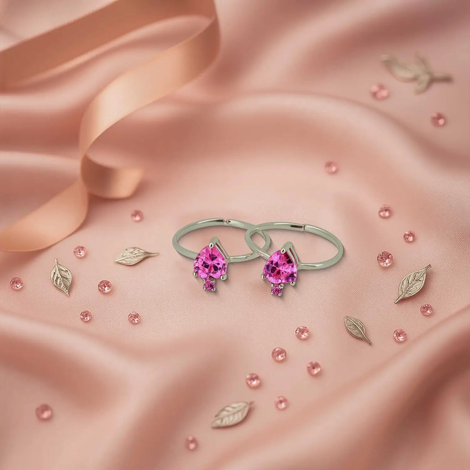 Pure  Silver Pink Heart Stone Adjustable Toe Rings