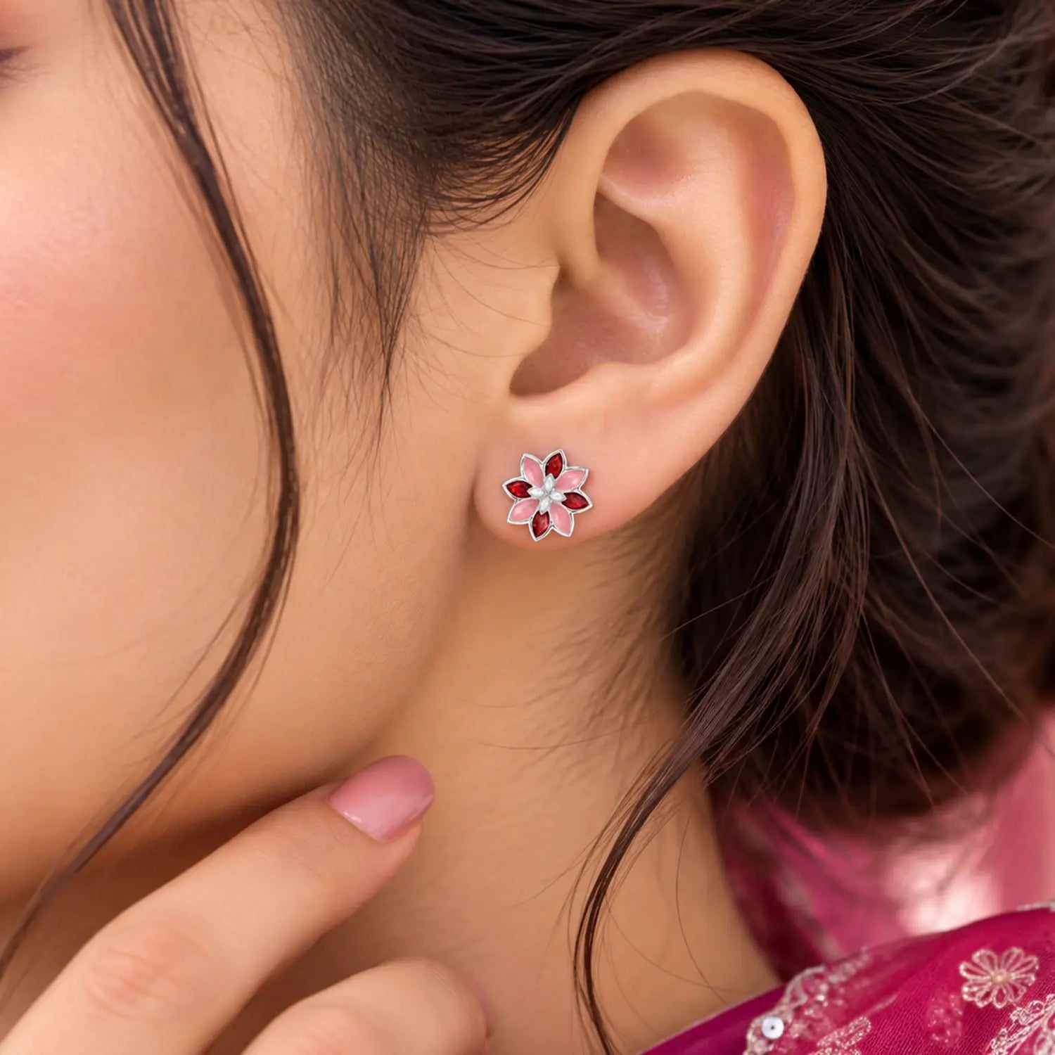Pink Floral Gemstone Silver Stud Earrings - Made With Pure 925 Silver