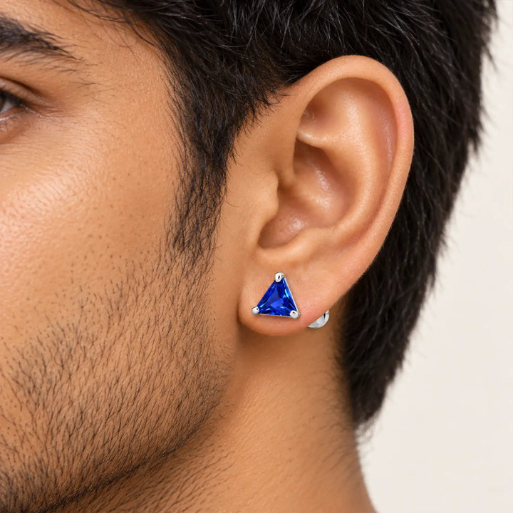 Royal Blue Triangle Gemstone Silver Stud Earrings - Made With Pure 925 Silver