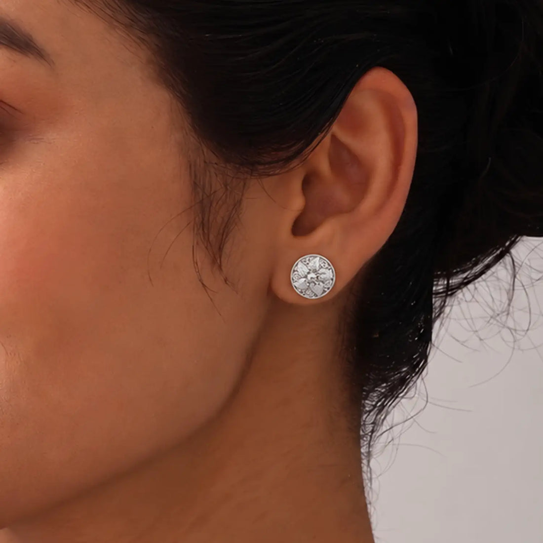 Intricate Floral Round Silver Stud Earrings - Made With Pure 925 Silver