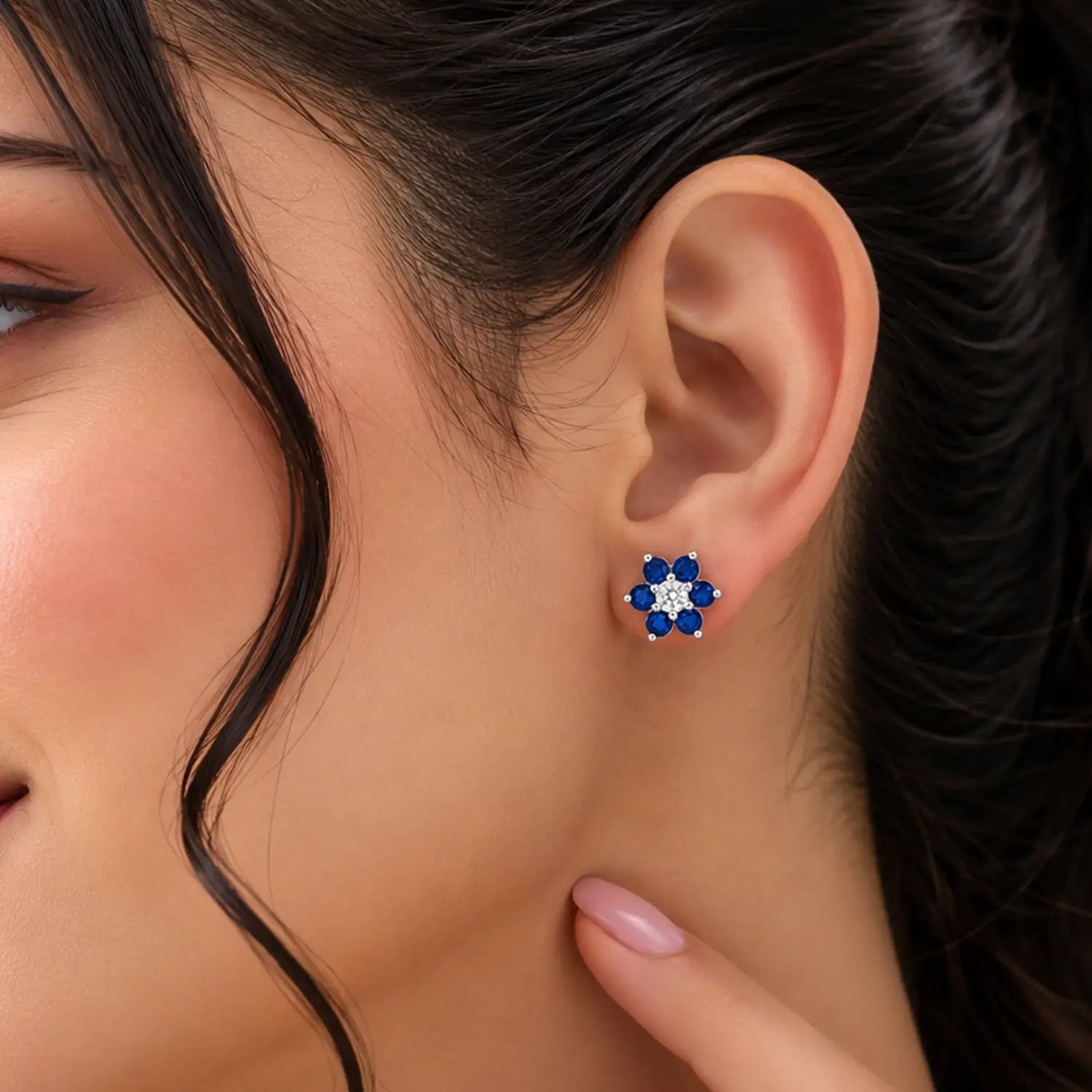 Black Floral Gemstone Silver Stud Earrings - Made With Pure 925 Silver