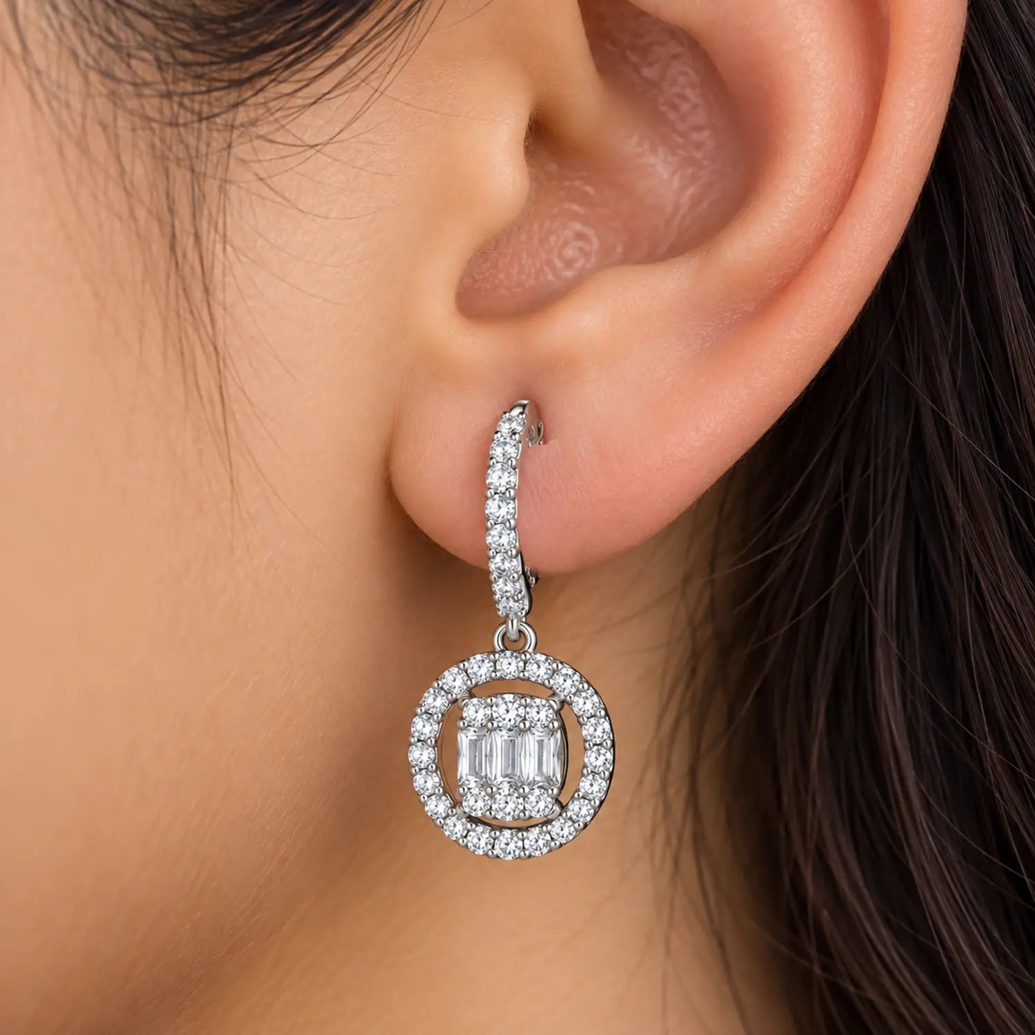 Elegant Circular Baguette Sparkle Silver Drop Earrings - Made With Pure 925 Silver