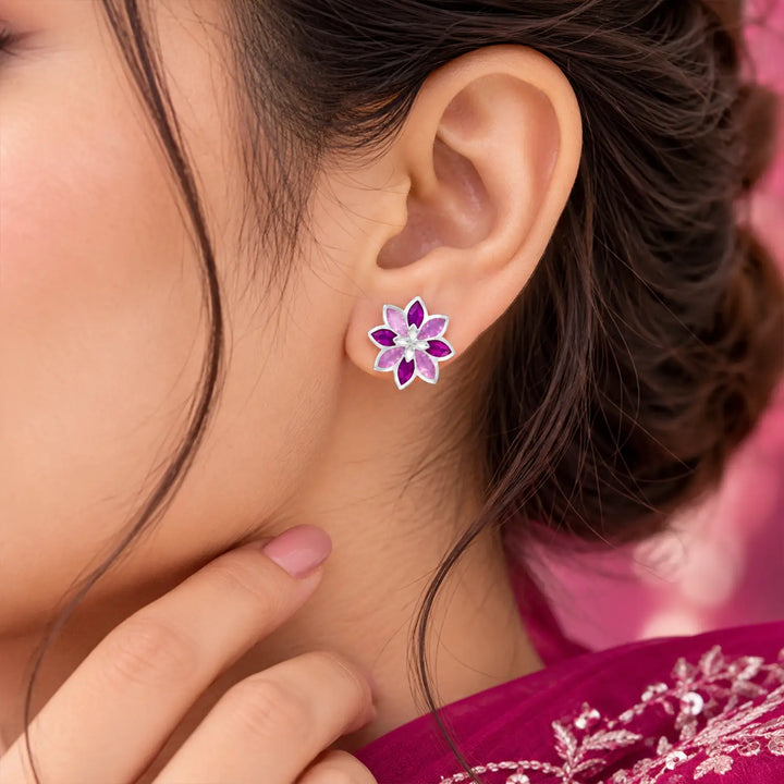 Pink Floral Gemstone Silver Stud Earrings - Made With Pure 925 Silver