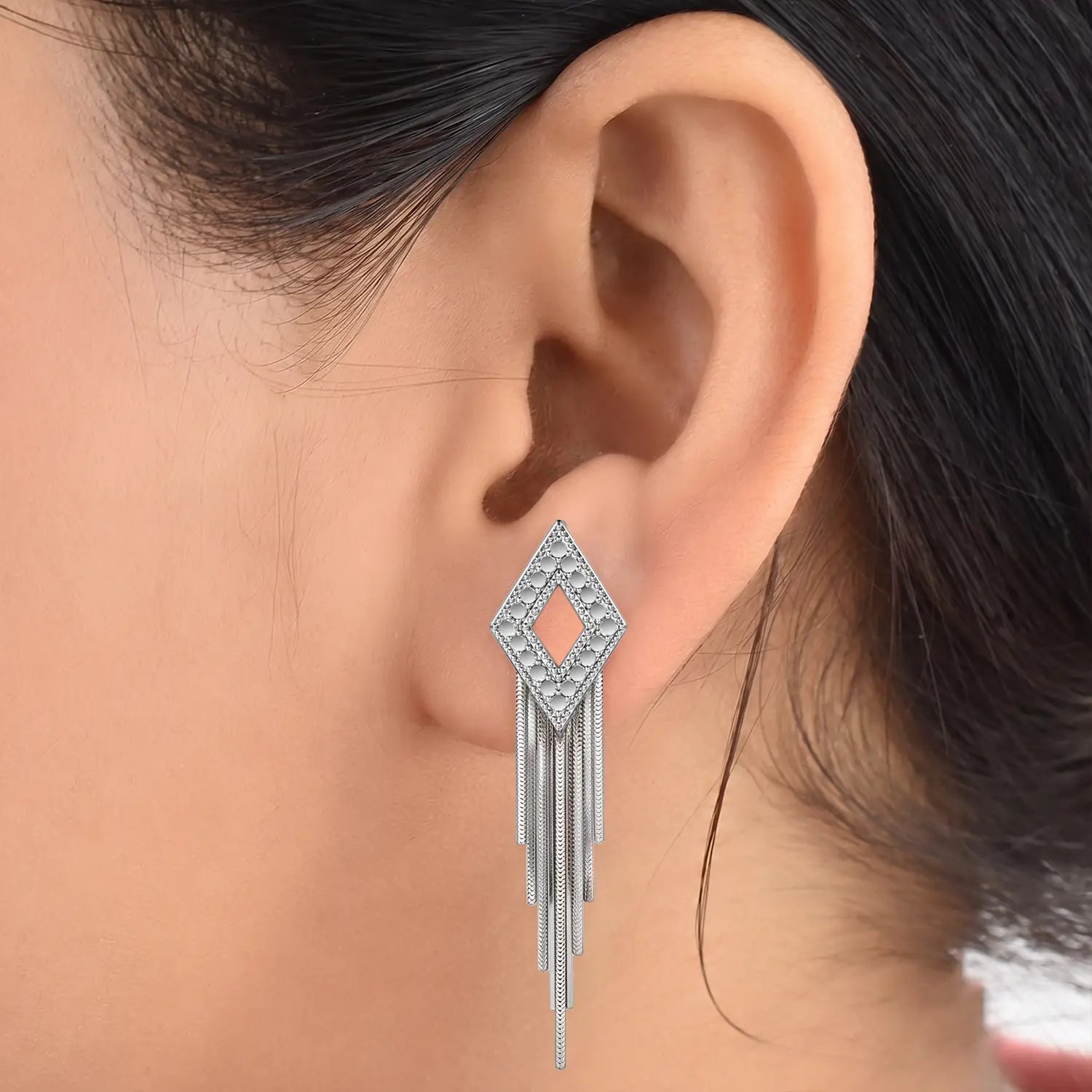 Elegant Geometric Chain Drop Silver Earrings - Made With Pure 925 Silver