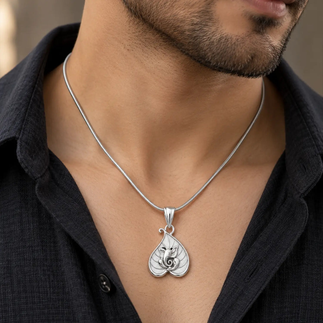 Shree Ganesh Peepal Leaf Silver Pendant - Made With Pure 925 Silver