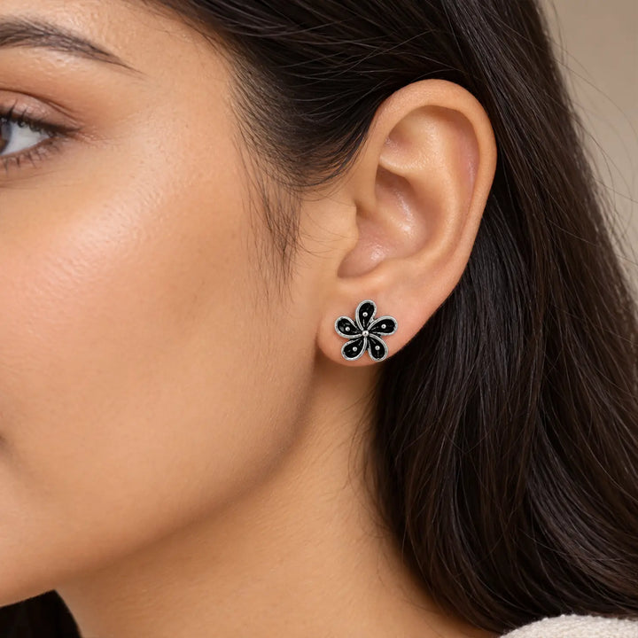 Midnight Blossom Oxidised Silver Stud Earrings - Made With Pure 925 Silver
