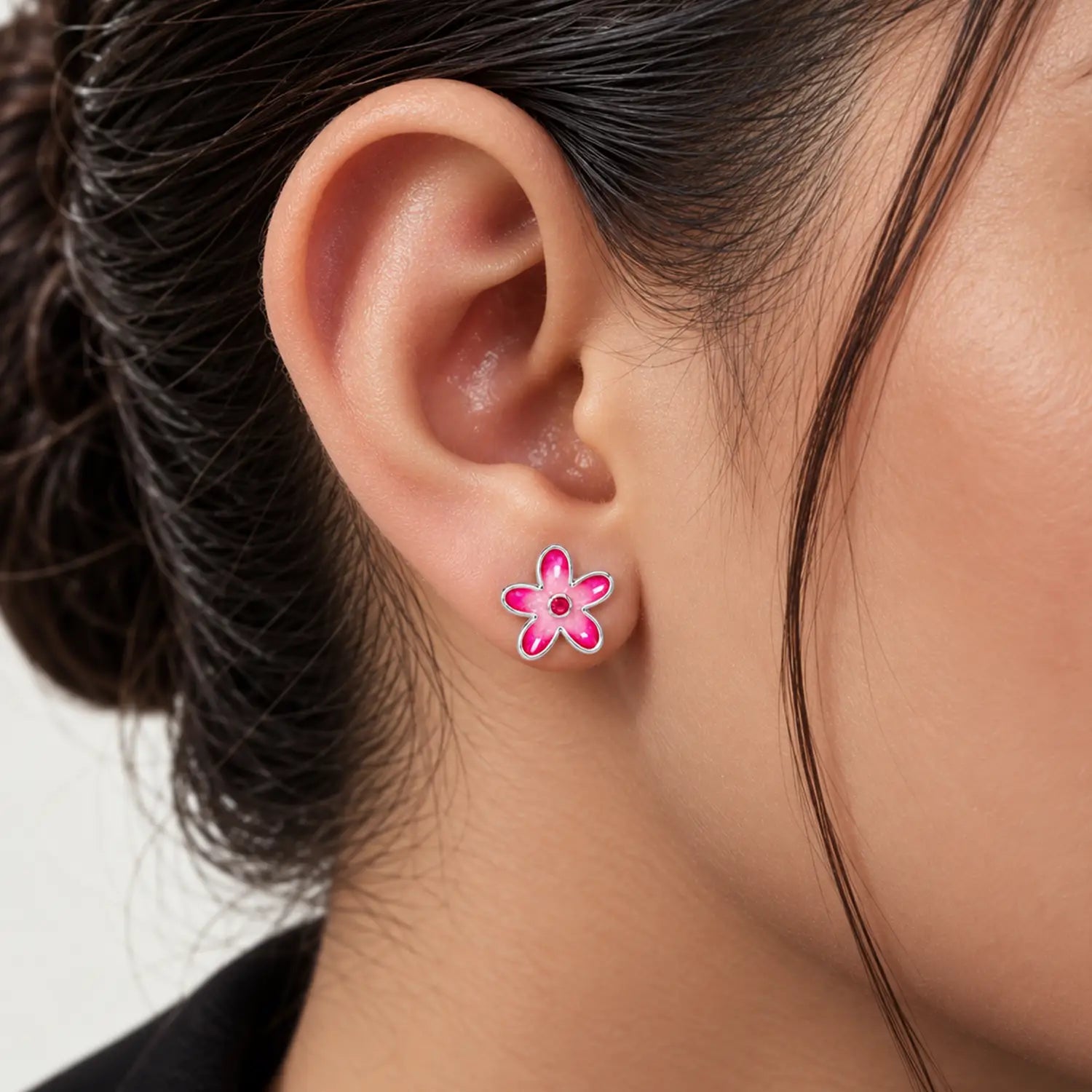 Purple Floral Enamel Silver Stud Earrings - Made With Pure 925 Silver