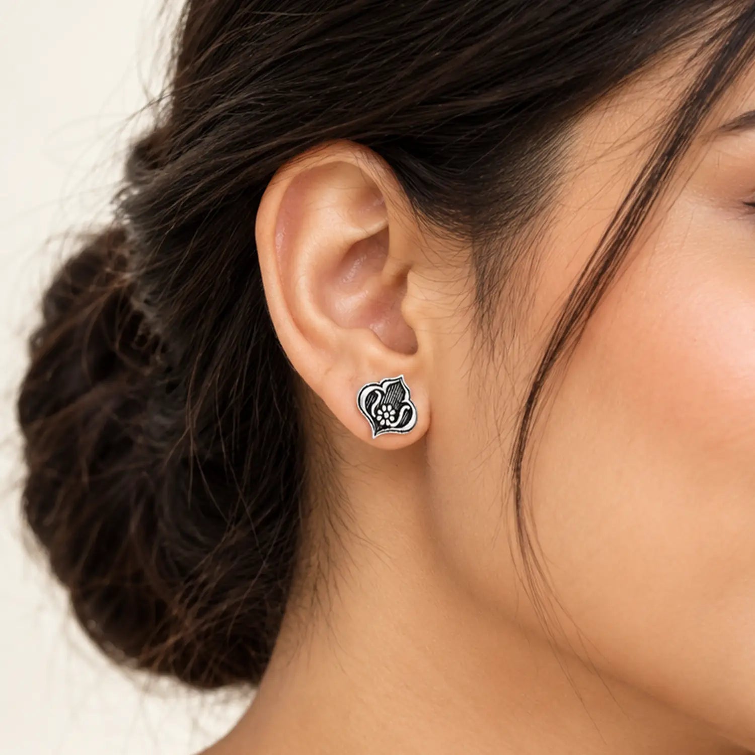 Royal Petal Oxidised Silver Stud Earrings - Made With Pure 925 Silver