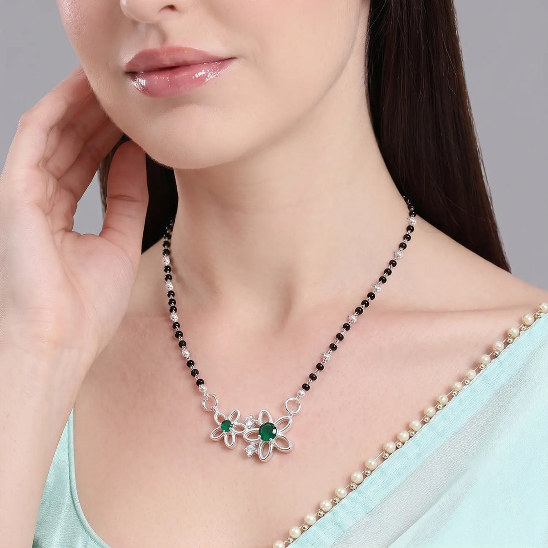 Elegant Green Floral Silver Mangalsutra - Made With Pure 925 Silver