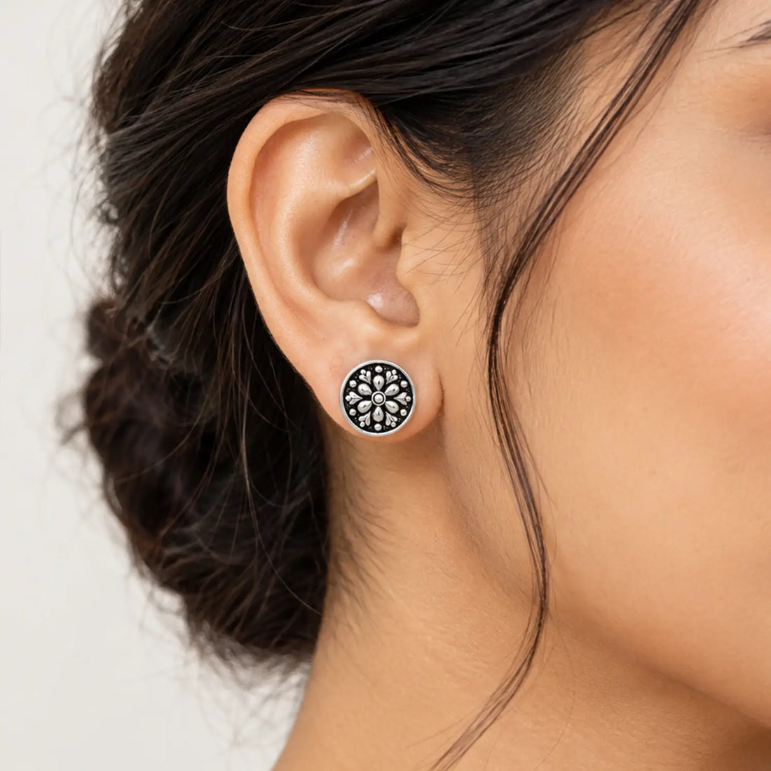 Floral Charm Oxidised Silver Stud Earrings - Made With Pure 925 Silver