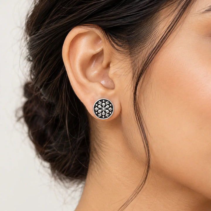 Floral Charm Oxidised Silver Stud Earrings - Made With Pure 925 Silver
