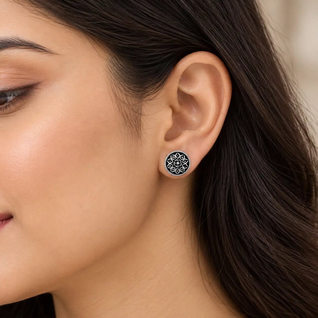Vintage Rose Oxidized Silver Stud Earrings - Made With Pure 925 Silver