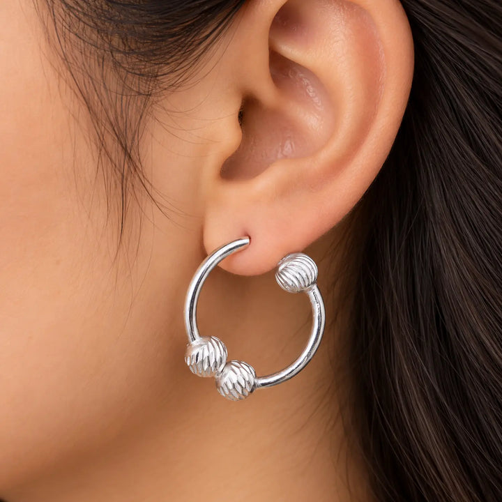 Beaded Open Circle Silver Hoop Earrings - Made With Pure 925 Silver