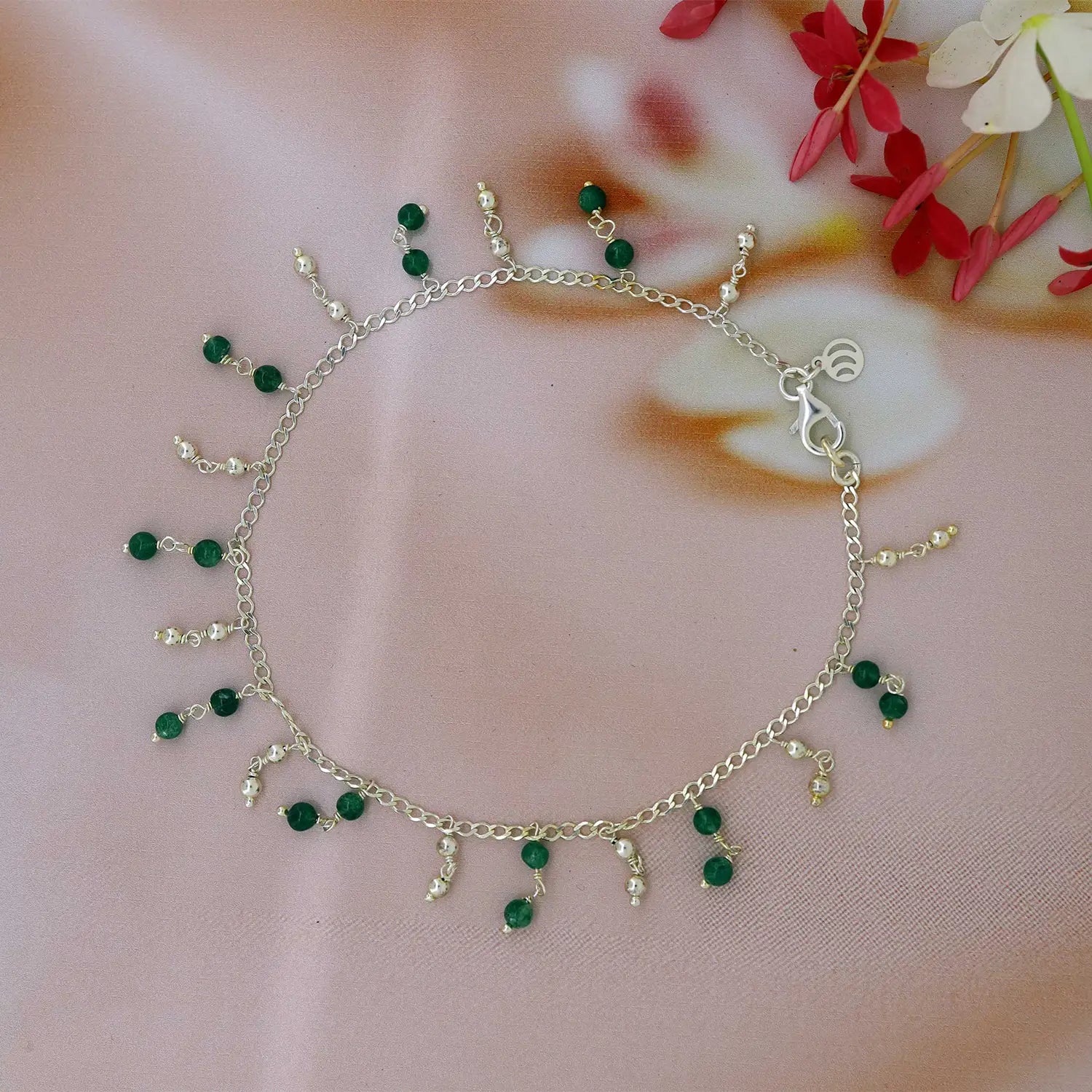Pure Silver Green Stone Anklet- Made With Pure 925 Silver
