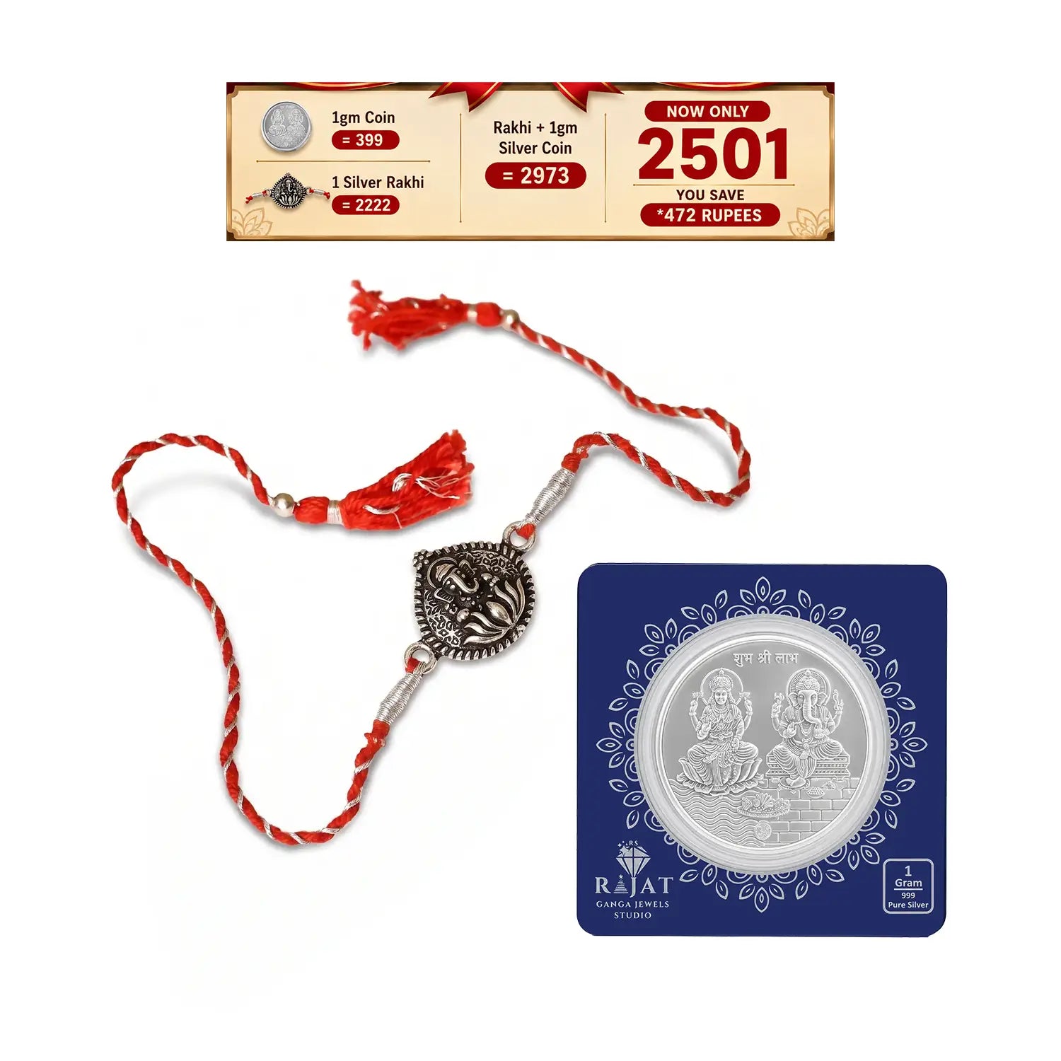 Silver Rakhi + 1gm Pure Silver Coin Combo – Premium Raksha Bandhan Gift