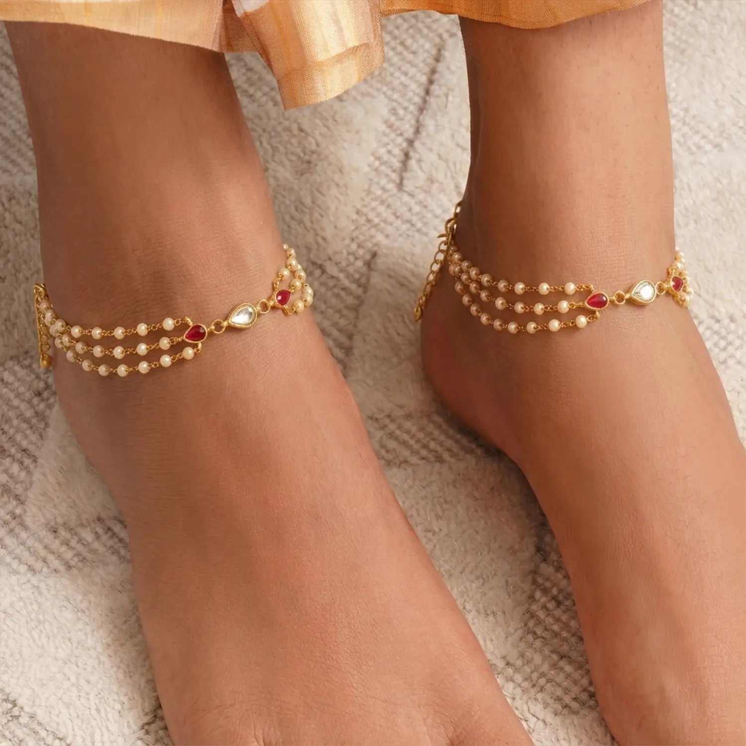 Elegant Pearl & Ruby Drop Silver Anklet - Made With Pure 925 Silver