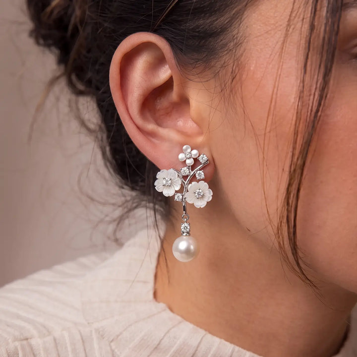 Floral Pearl Drop Silver Earrings- Made With Pure 925 Silver