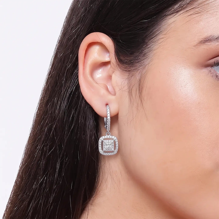 Elegant Square Halo Drop Earrings - Made With Pure 925 Silver