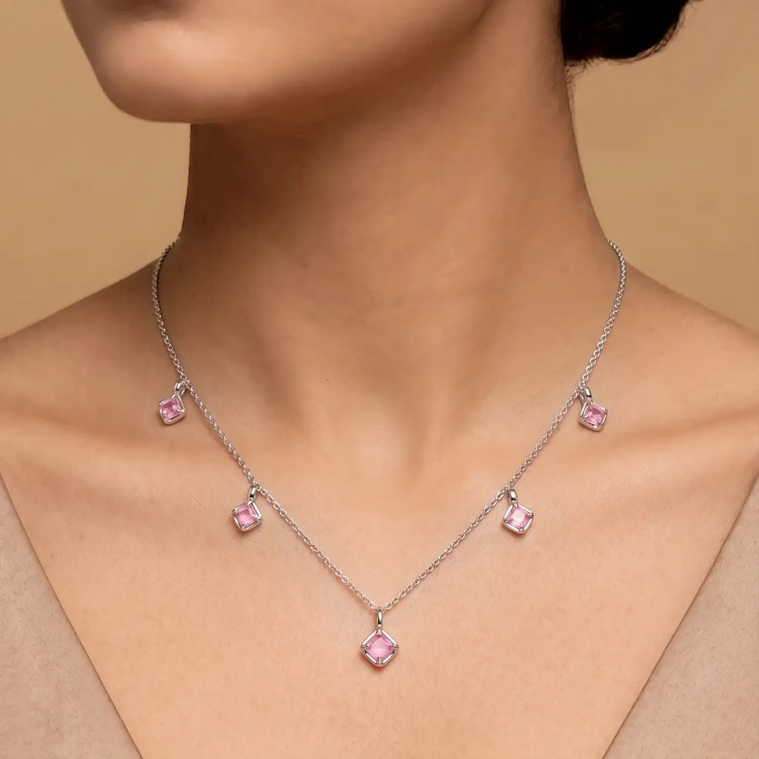 Elegant Pink Square Charm Silver Chain - Made With Pure 925 Silver
