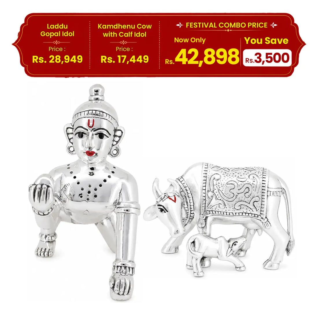 Laddu Gopal & Kamdhenu Cow with Calf Silver Idol Festival Combo - Made With Pure 925 Silver