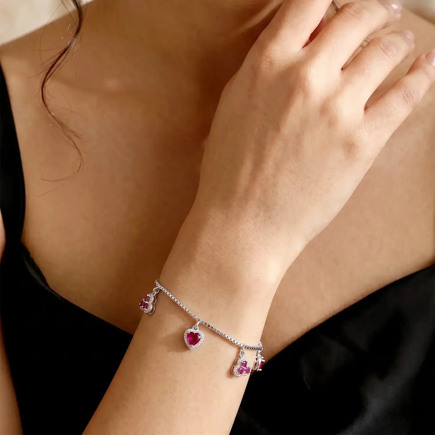 Ruby Charm Bracelet – Elegant Heart & Floral Design - Made With Pure 925 Silver
