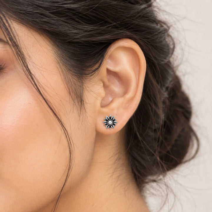 Midnight Bloom Oxidised Silver Stud Earrings - Made With Pure 925 Silver