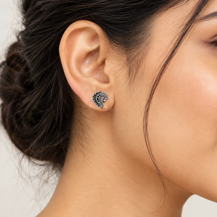 Traditional Paisley Oxidised Silver Stud Earrings - Made With Pure 925 Silver