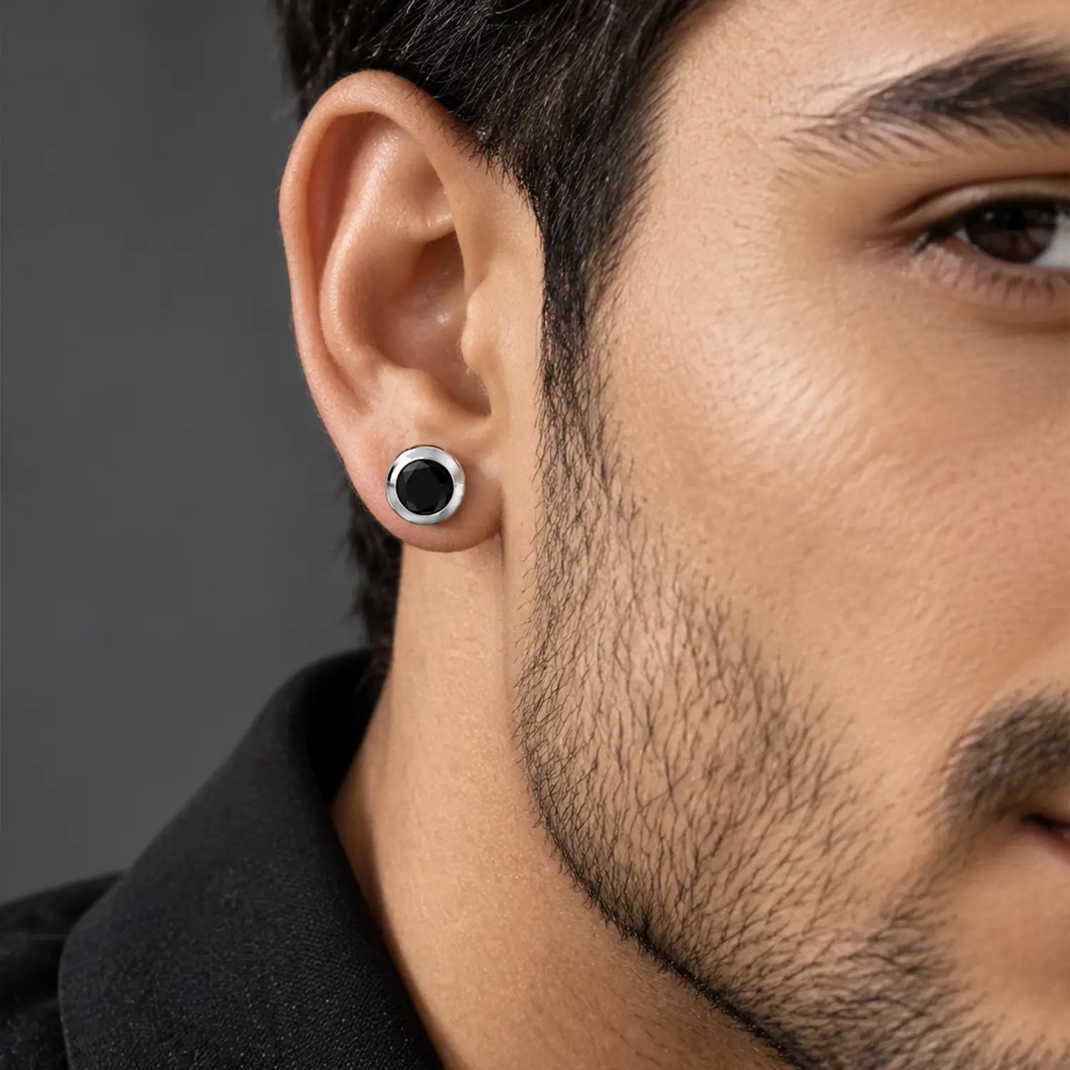 Classic Black Stone Silver Stud Earrings for Men - Made With Pure 925 Silver
