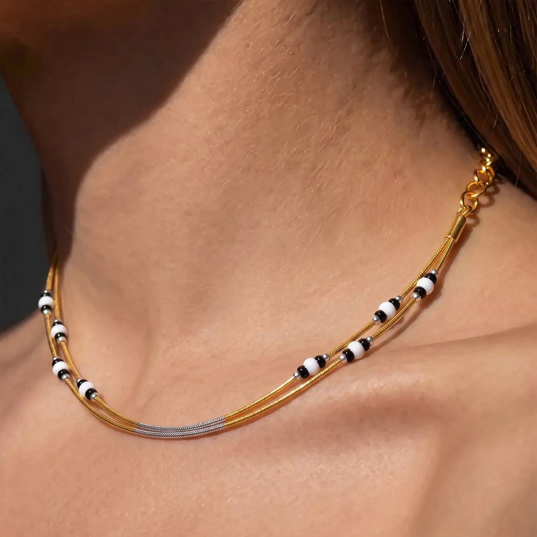 Black & White Beaded Double-Layer Silver Necklace - Made With Pure 925 Silver